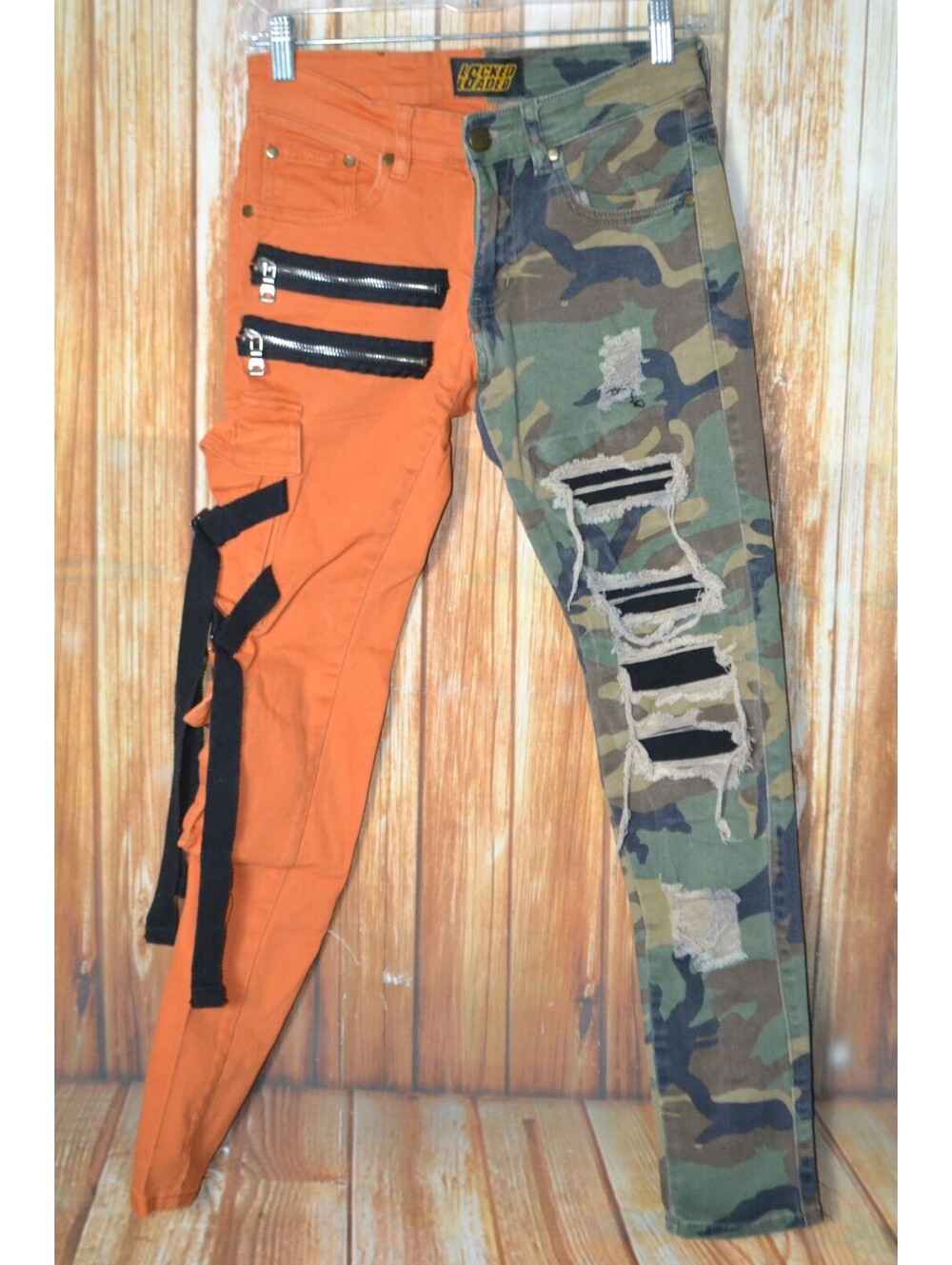 Locked & Loaded Men Orange Camo Distressed Skinny Denim Jeans Sz 28x28
